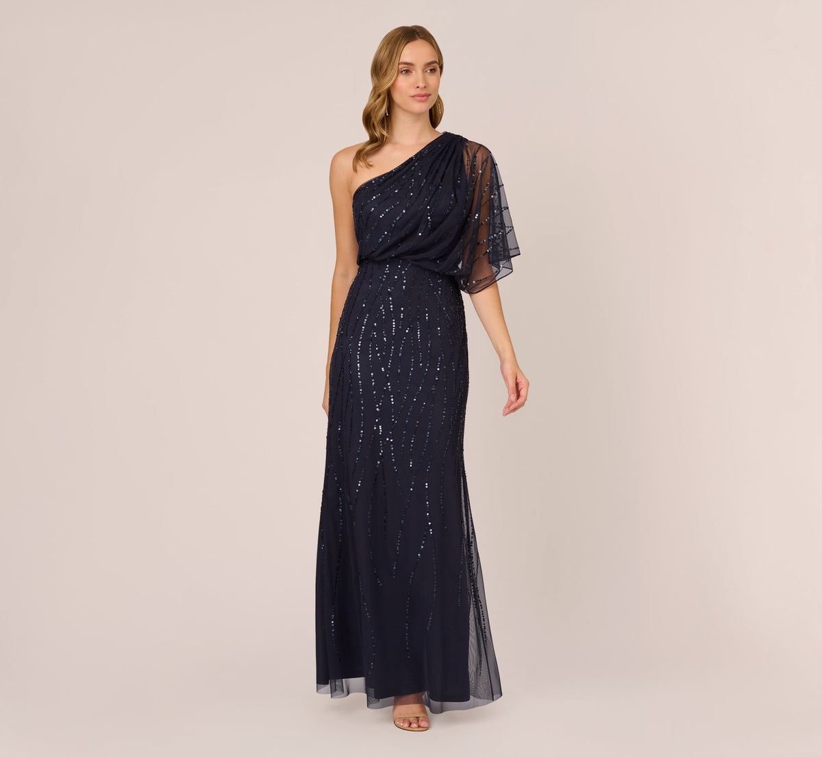 Draped One Shoulder Dress With Sequin Detail - Dusty Navy | Adrianna Papell