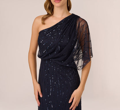 Draped One Shoulder Dress With Sequin Detail - Dusty Navy | Adrianna Papell