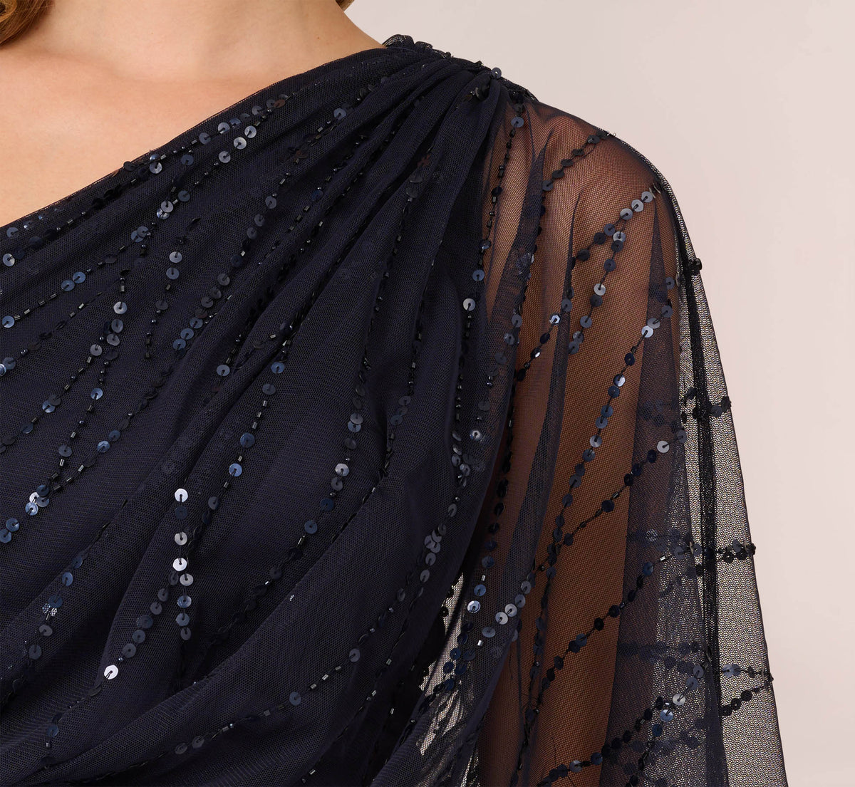 Draped One Shoulder Dress With Sequin Detail - Dusty Navy | Adrianna Papell