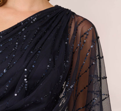 Draped One Shoulder Dress With Sequin Detail - Dusty Navy | Adrianna Papell