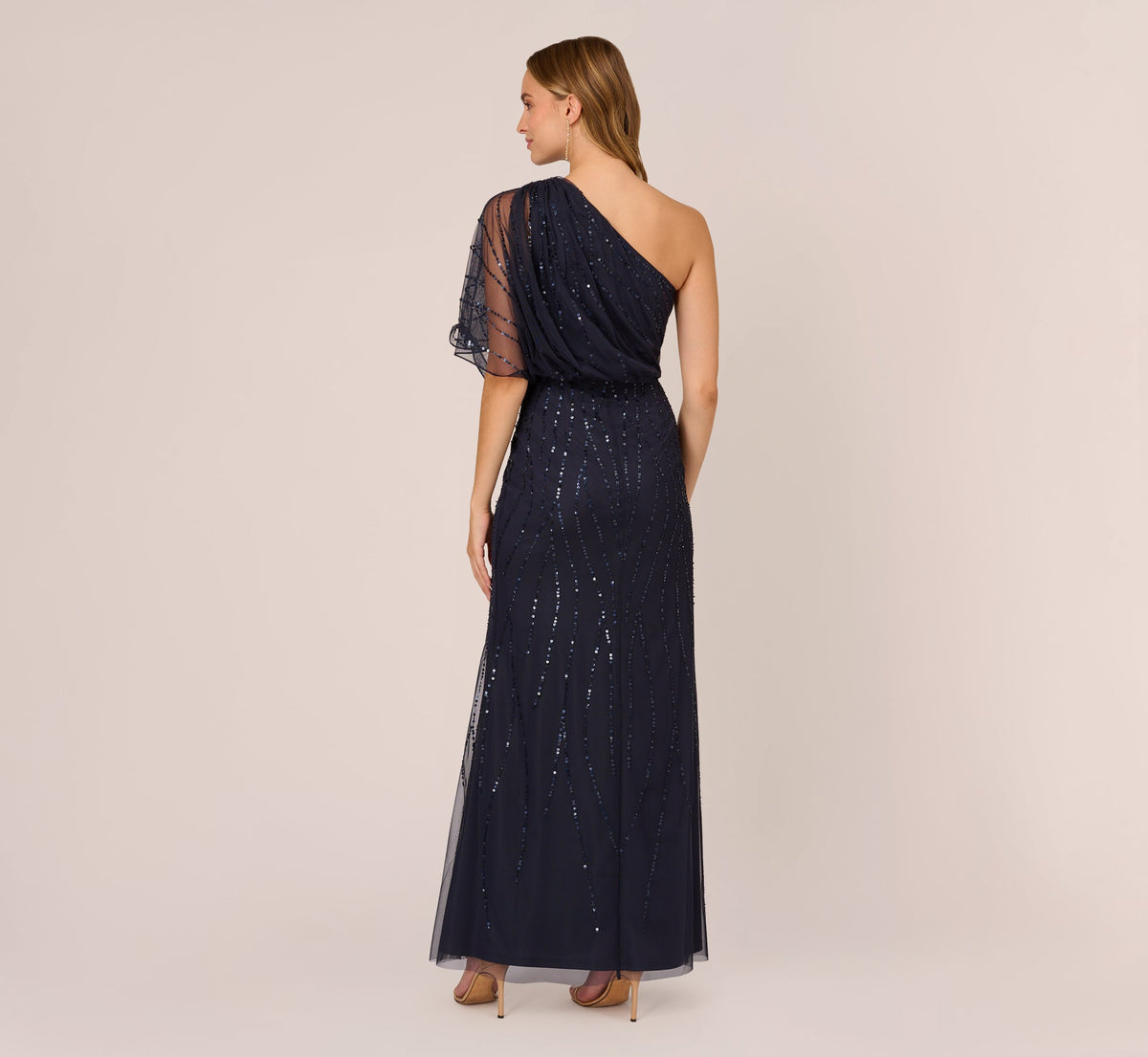 Draped One Shoulder Dress With Sequin Detail - Dusty Navy | Adrianna Papell