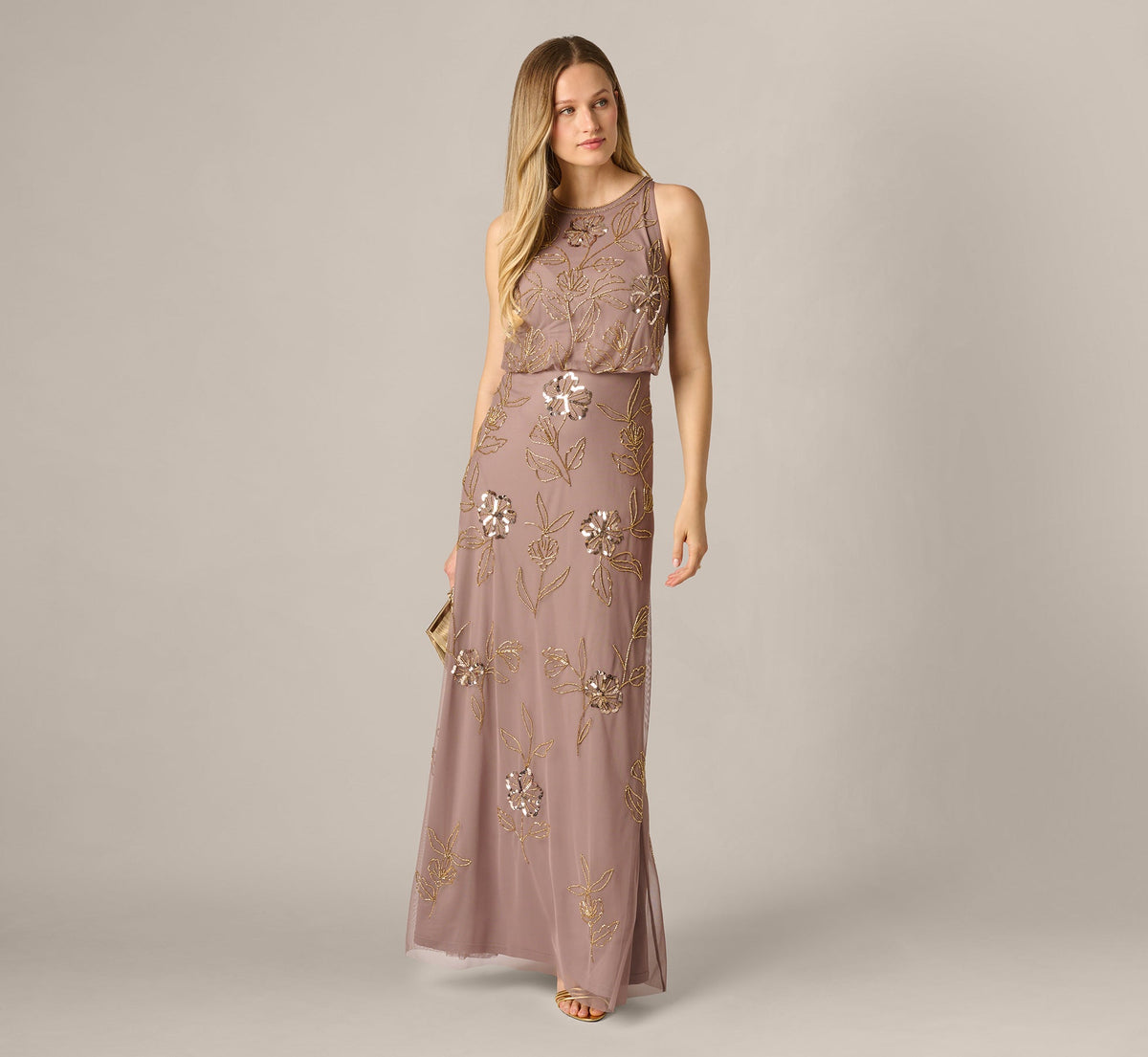 Sleeveless Floral Beaded Sequin Blouson Gown - Stone | Adrianna Papell