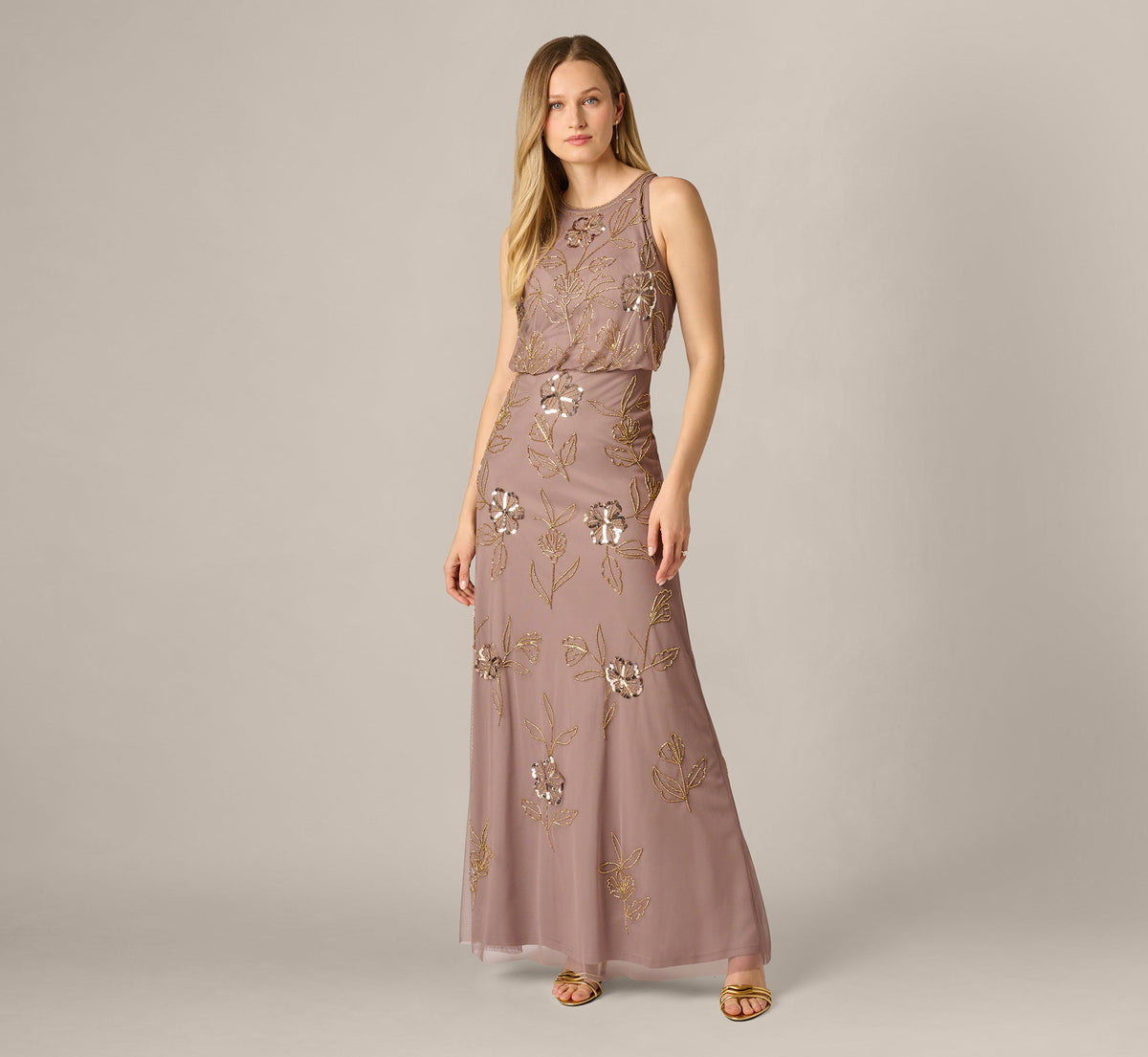 Sleeveless Floral Beaded Sequin Blouson Gown - Stone | Adrianna Papell
