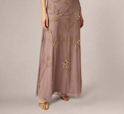 Sleeveless Floral Beaded Sequin Blouson Gown - Stone | Adrianna Papell