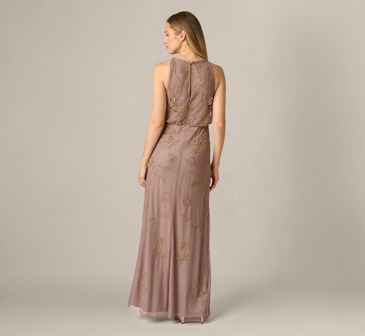 Sleeveless Floral Beaded Sequin Blouson Gown - Stone | Adrianna Papell