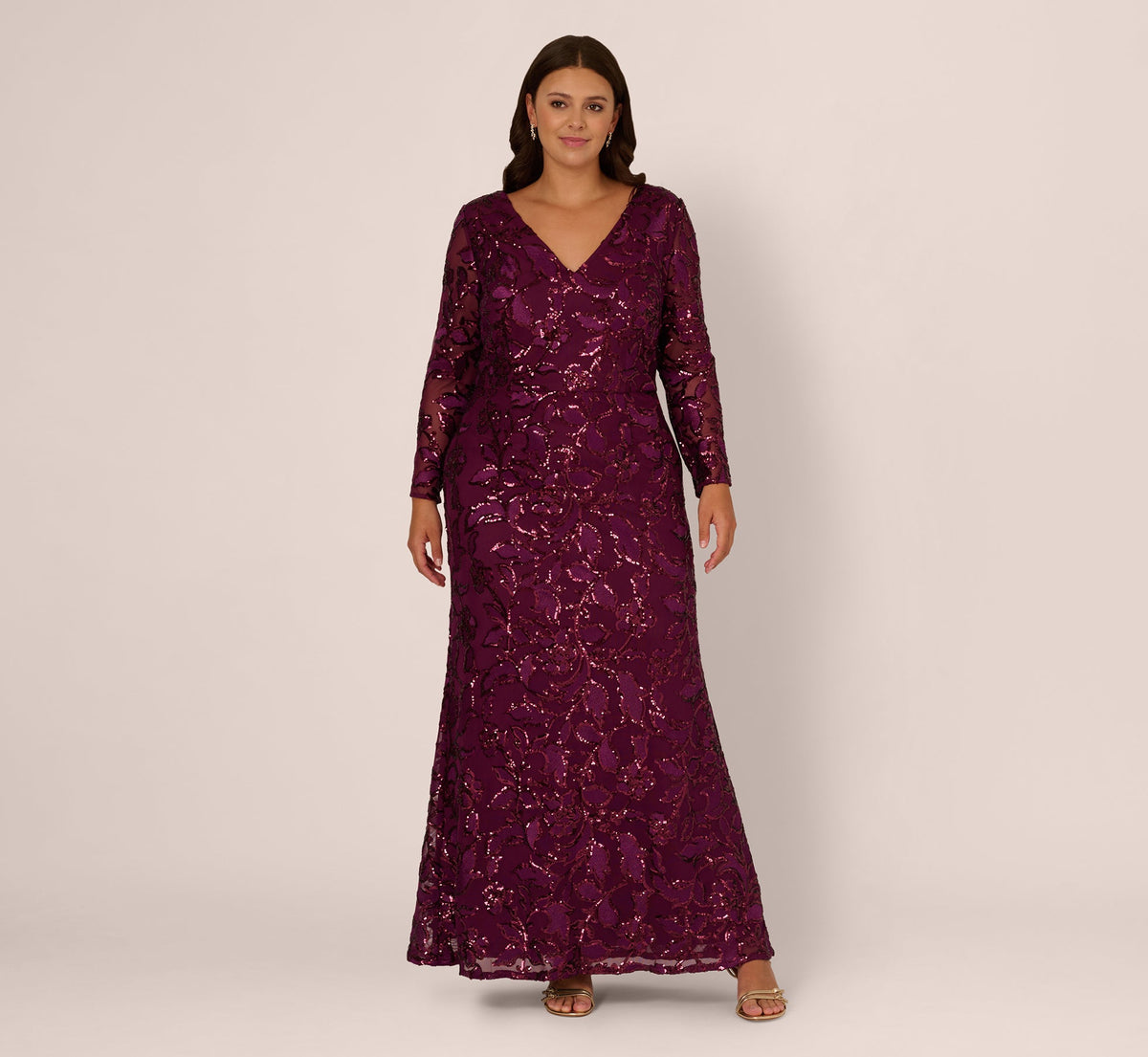 Plus Size Long Sleeve Stretch Sequin Mermaid Gown - Cassis | Adrianna Papell