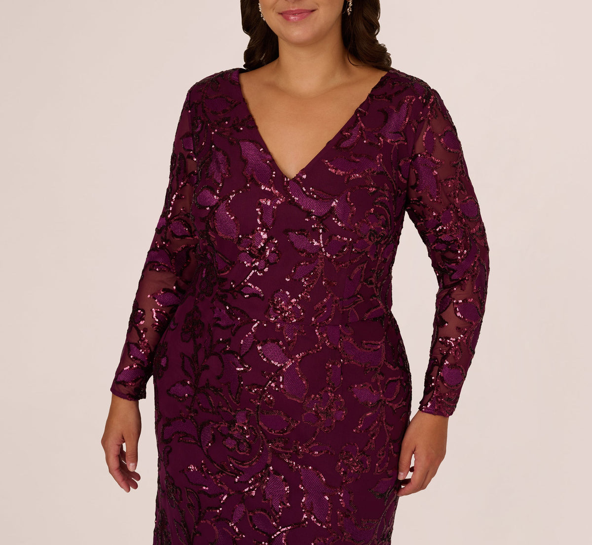 Plus Size Long Sleeve Stretch Sequin Mermaid Gown - Cassis | Adrianna Papell