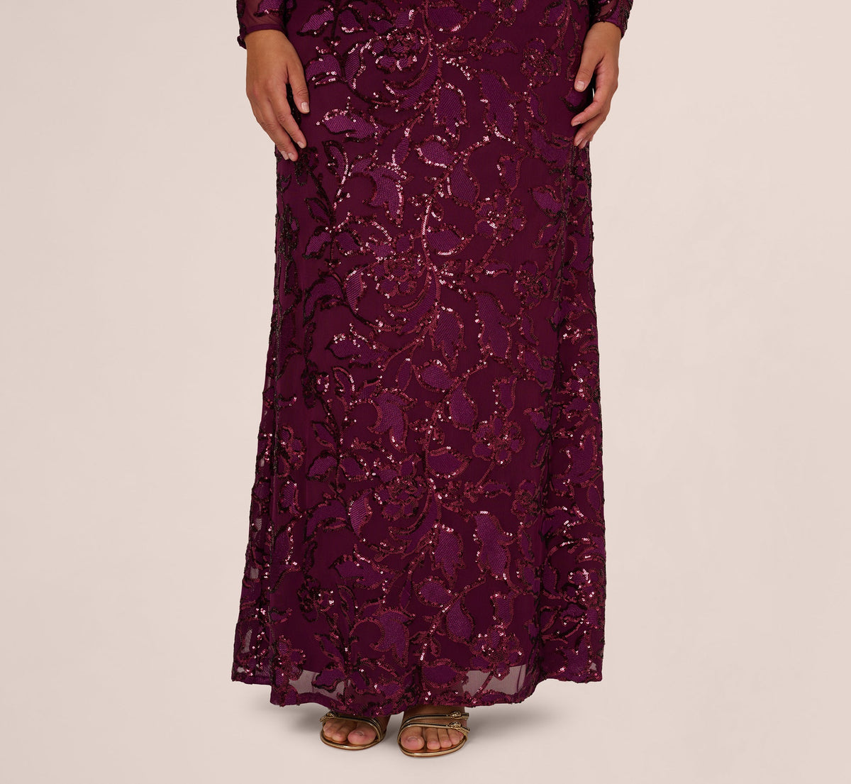 Plus Size Long Sleeve Stretch Sequin Mermaid Gown - Cassis | Adrianna Papell