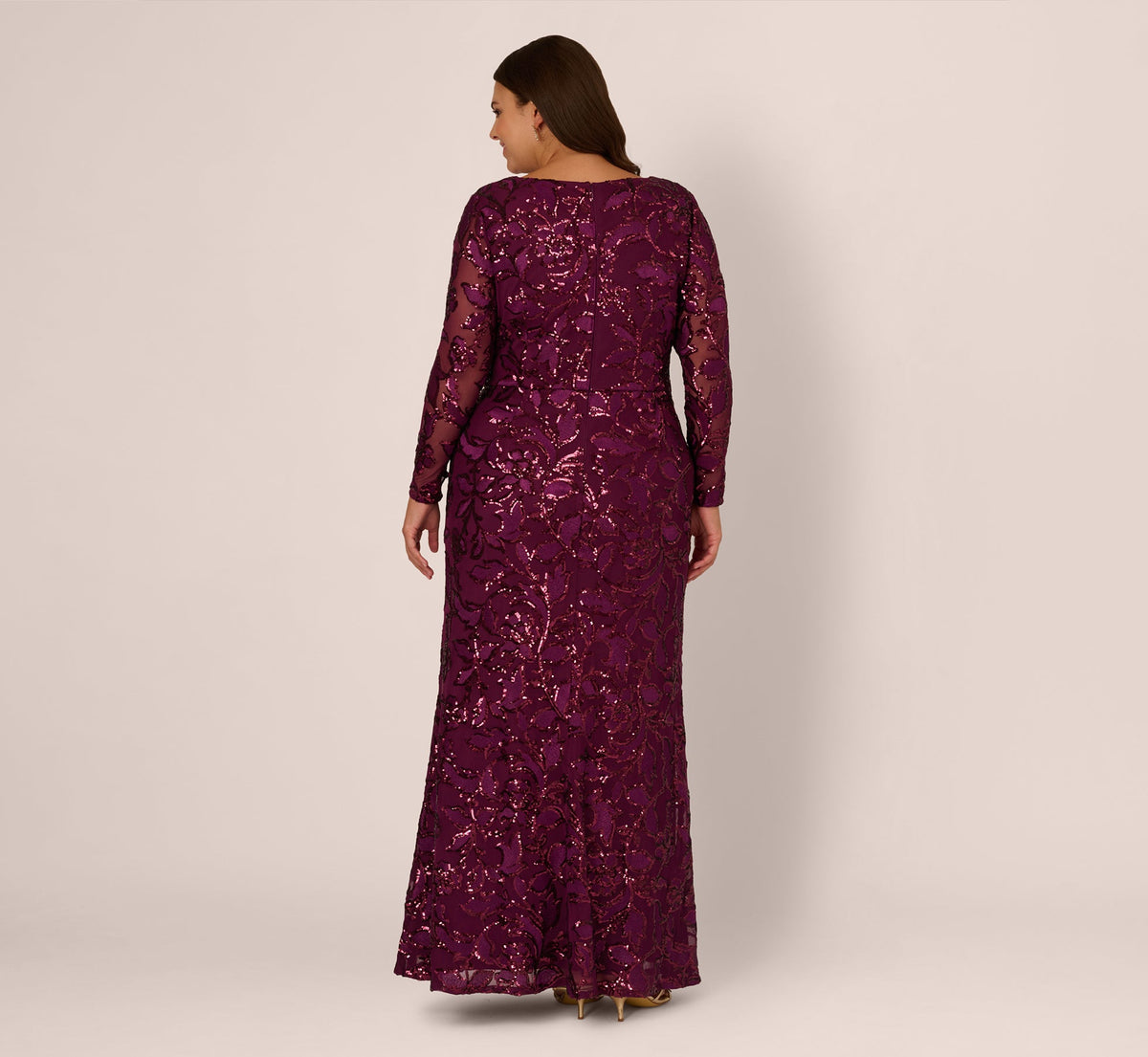 Plus Size Long Sleeve Stretch Sequin Mermaid Gown - Cassis | Adrianna Papell