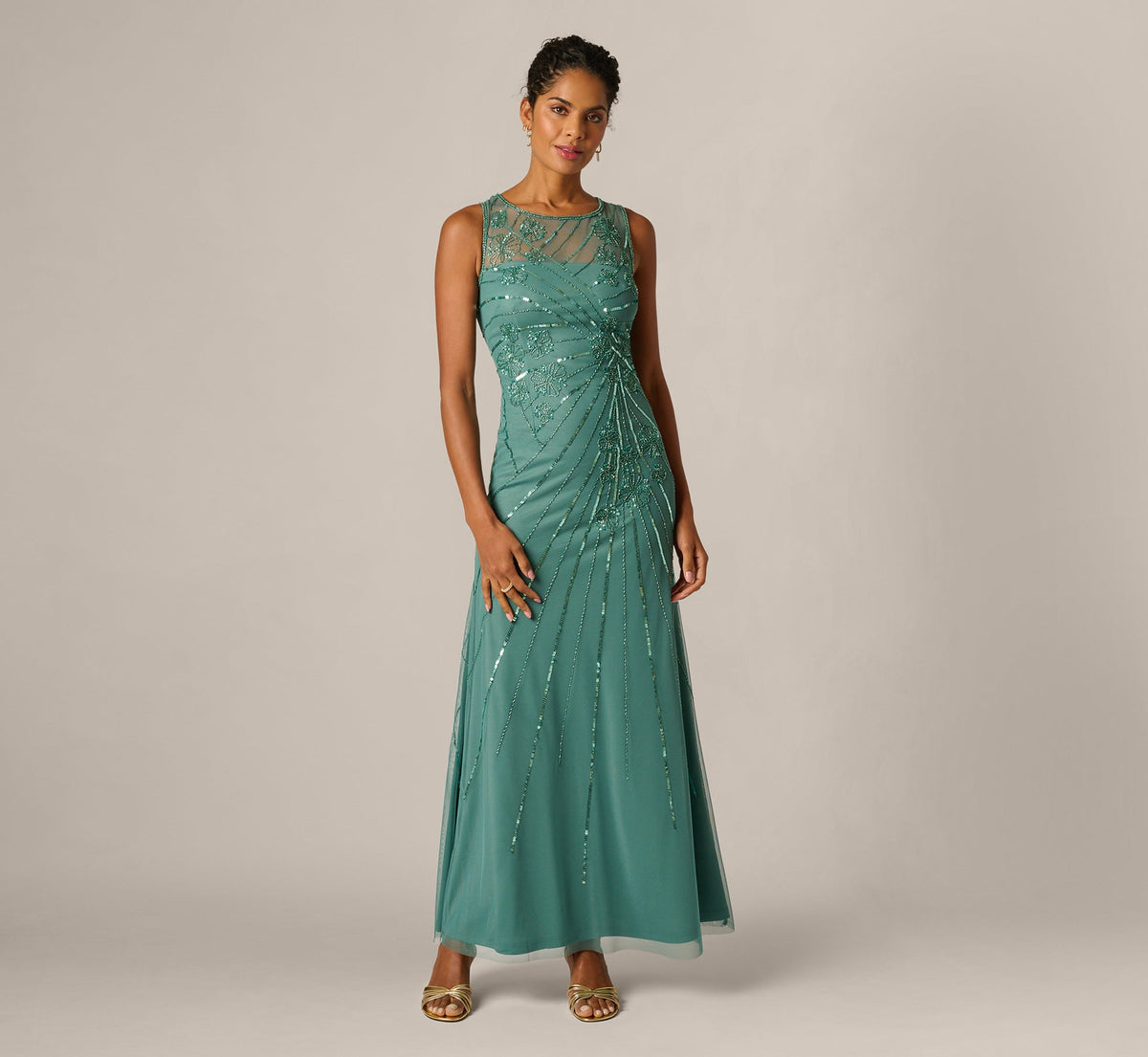 Floral Beaded Illusion Mermaid Gown - Green Slate | Adrianna Papell