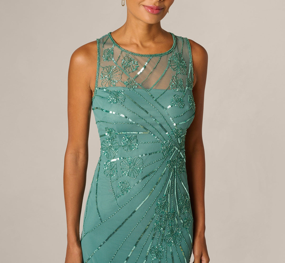 Floral Beaded Illusion Mermaid Gown - Green Slate | Adrianna Papell