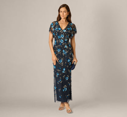 Flutter Sleeve Floral Beaded Column Gown - Midnight Multi | Adrianna Papell