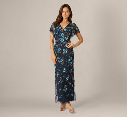 Flutter Sleeve Floral Beaded Column Gown - Midnight Multi | Adrianna Papell
