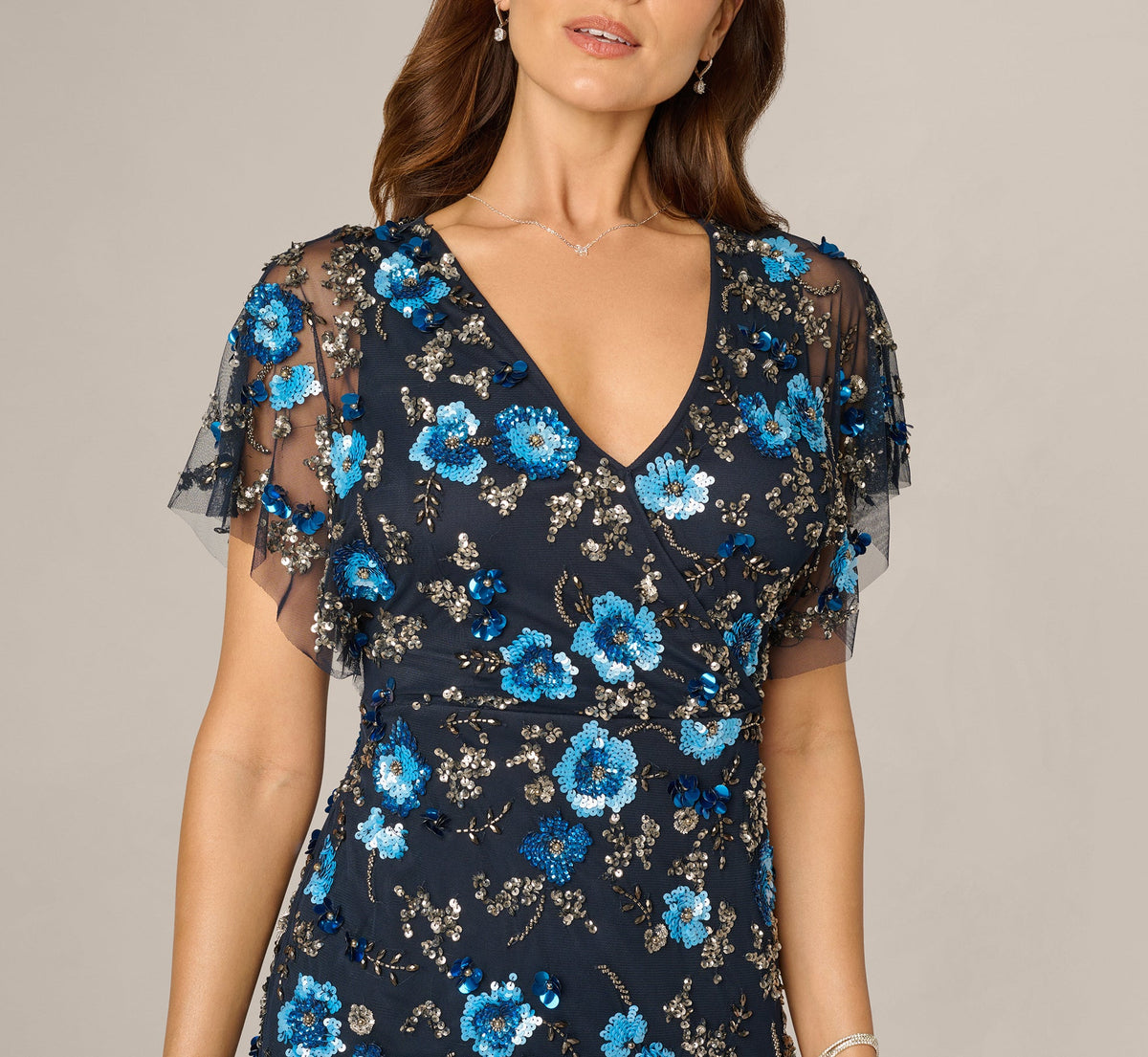 Flutter Sleeve Floral Beaded Column Gown - Midnight Multi | Adrianna Papell