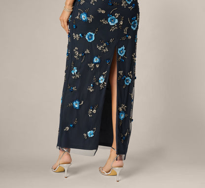 Flutter Sleeve Floral Beaded Column Gown - Midnight Multi | Adrianna Papell