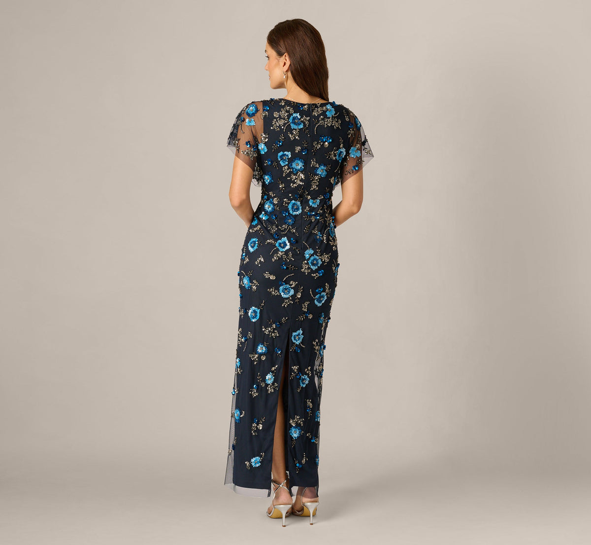 Flutter Sleeve Floral Beaded Column Gown - Midnight Multi | Adrianna Papell