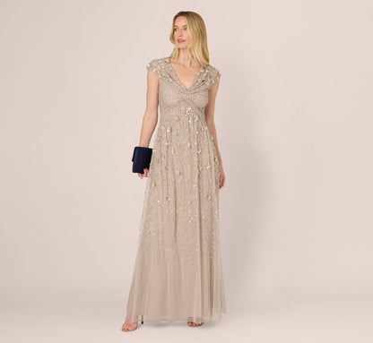 Cap Sleeve Beaded Sequin Floral Gown - Marble | Adrianna Papell