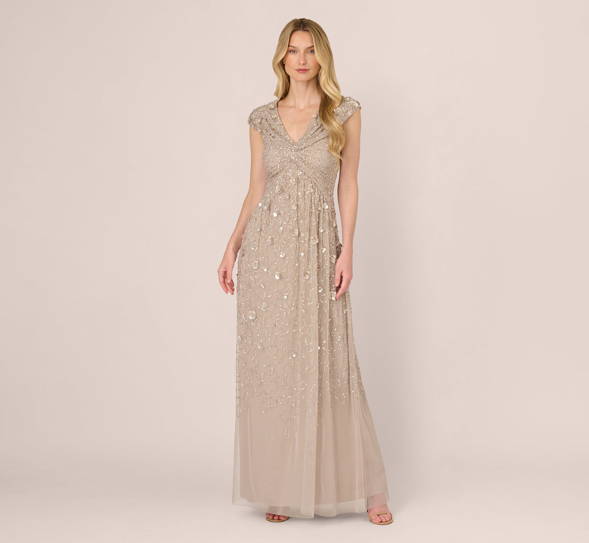 Cap Sleeve Beaded Sequin Floral Gown - Marble | Adrianna Papell