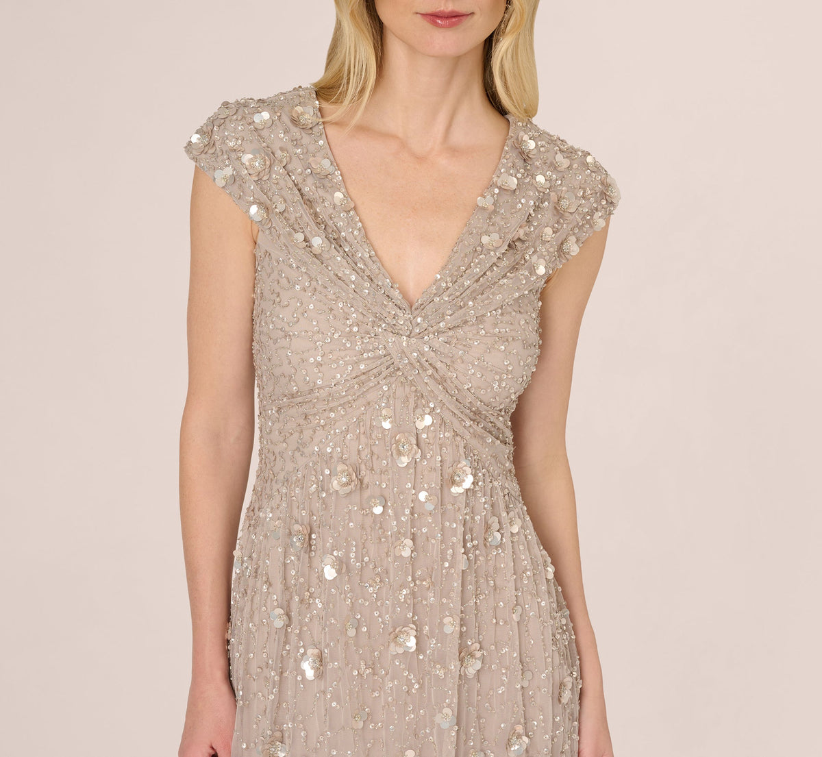 Cap Sleeve Beaded Sequin Floral Gown - Marble | Adrianna Papell
