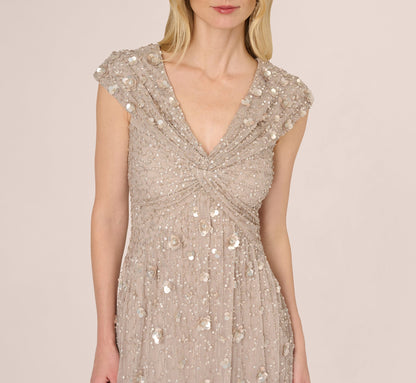 Cap Sleeve Beaded Sequin Floral Gown - Marble | Adrianna Papell