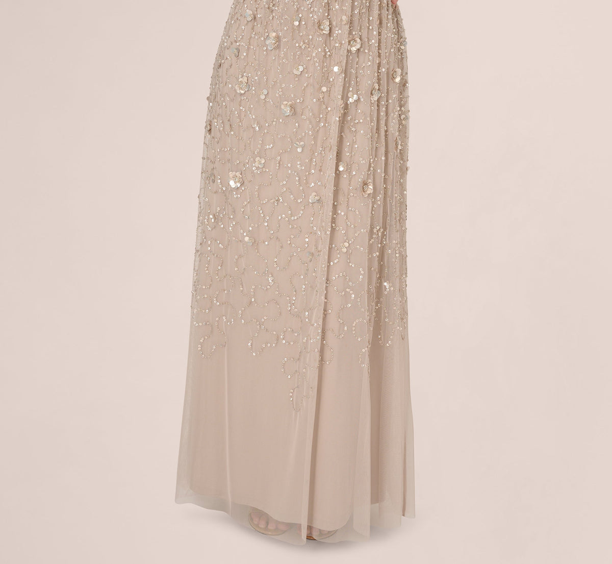 Cap Sleeve Beaded Sequin Floral Gown - Marble | Adrianna Papell