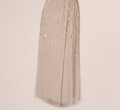Cap Sleeve Beaded Sequin Floral Gown - Marble | Adrianna Papell