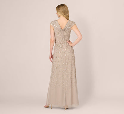 Cap Sleeve Beaded Sequin Floral Gown - Marble | Adrianna Papell