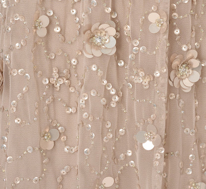 Cap Sleeve Beaded Sequin Floral Gown - Marble | Adrianna Papell