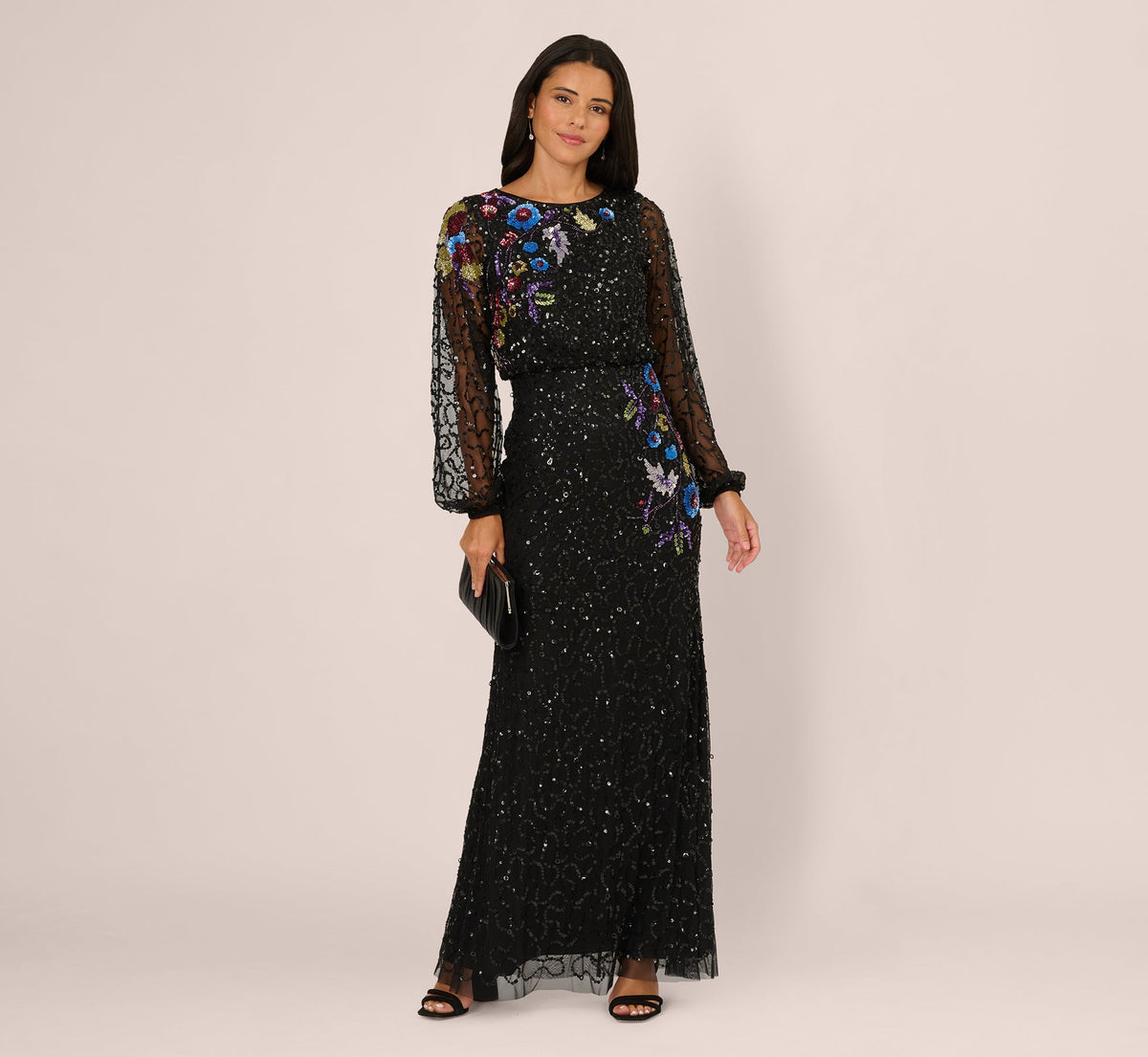 Bishop Sleeve Floral Sequin Bead Gown - Black Multi | Adrianna Papell