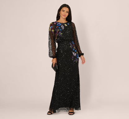 Bishop Sleeve Floral Sequin Bead Gown - Black Multi | Adrianna Papell