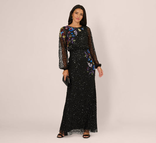 Bishop Sleeve Floral Sequin Bead Gown - Black Multi | Adrianna Papell
