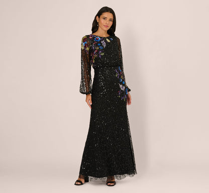 Bishop Sleeve Floral Sequin Bead Gown - Black Multi | Adrianna Papell