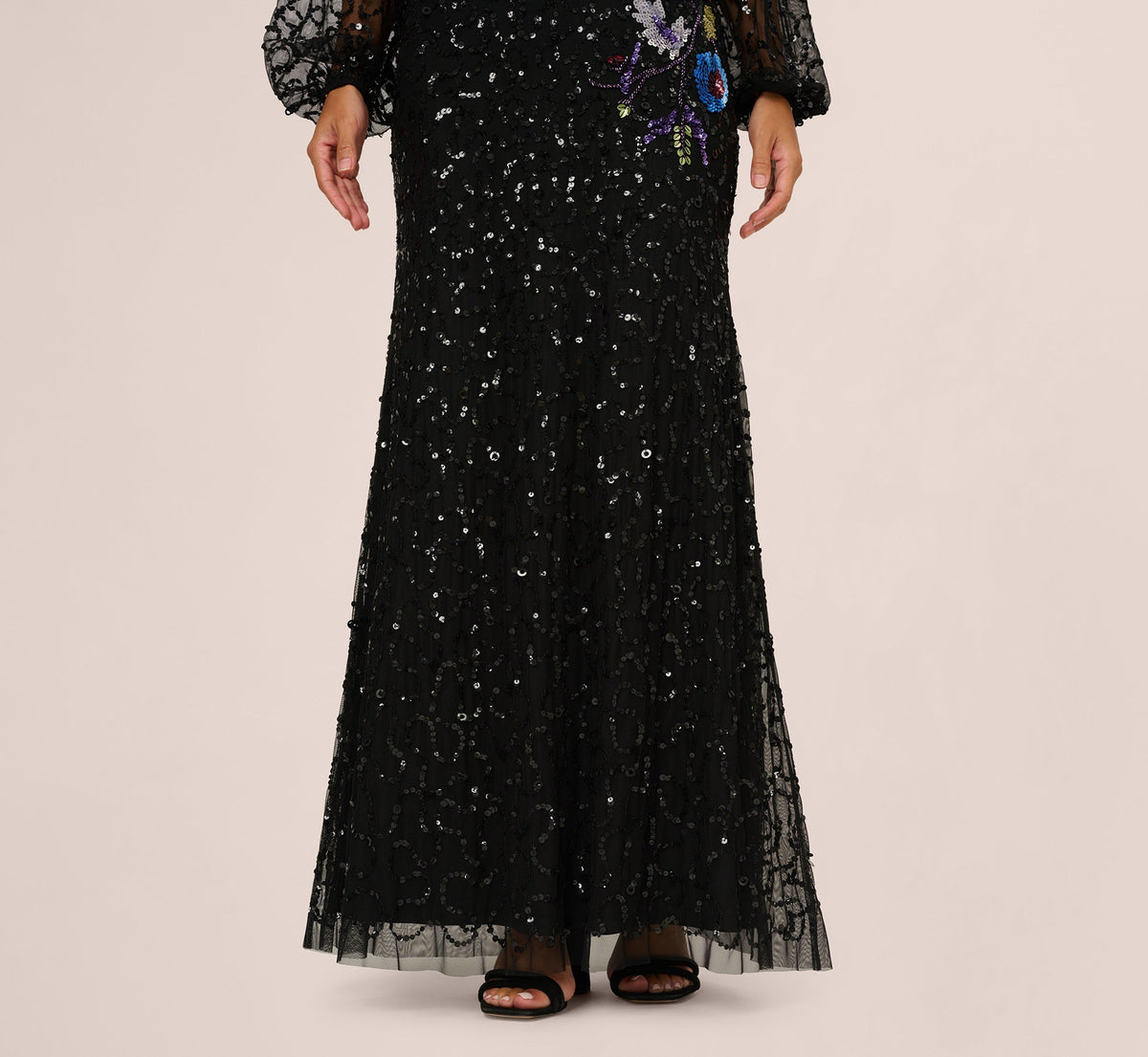 Bishop Sleeve Floral Sequin Bead Gown - Black Multi | Adrianna Papell