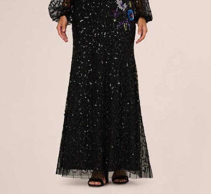 Bishop Sleeve Floral Sequin Bead Gown - Black Multi | Adrianna Papell