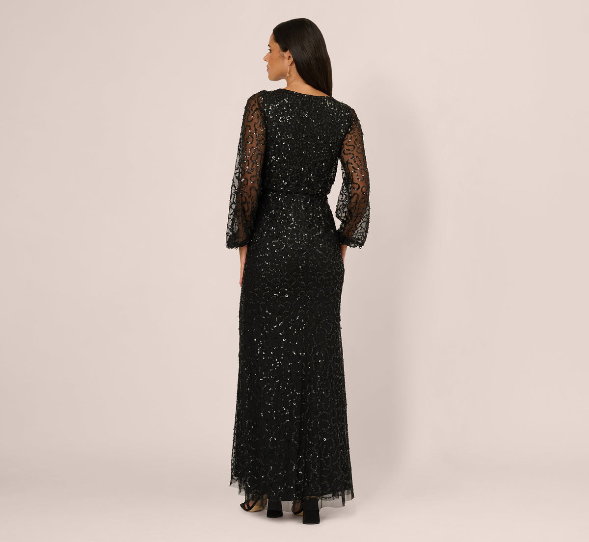 Bishop Sleeve Floral Sequin Bead Gown - Black Multi | Adrianna Papell