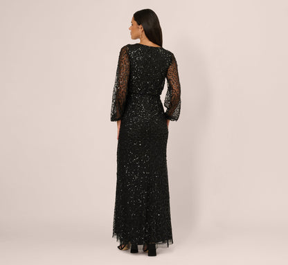Bishop Sleeve Floral Sequin Bead Gown - Black Multi | Adrianna Papell