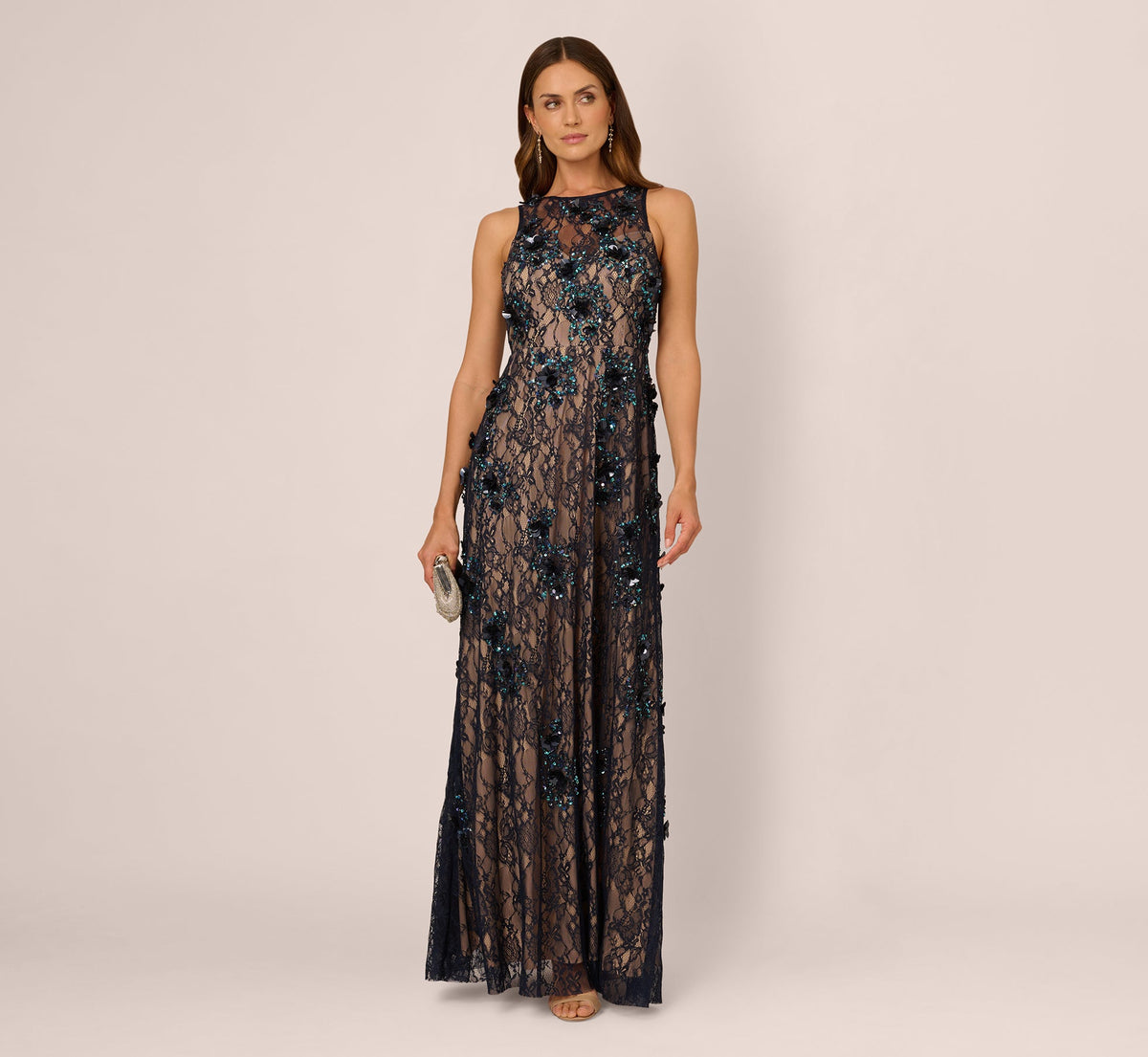 Sleeveless Sequin Floral Lace Gown - Midnight Multi Nude | Adrianna Papell