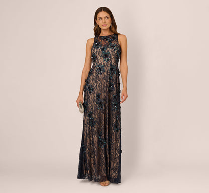 Sleeveless Sequin Floral Lace Gown - Midnight Multi Nude | Adrianna Papell