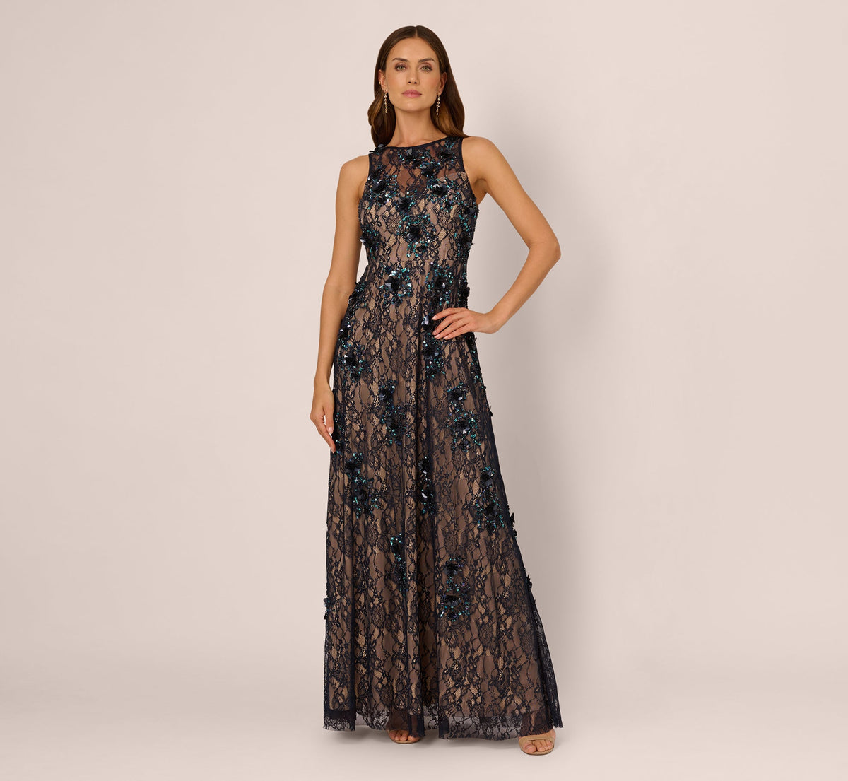 Sleeveless Sequin Floral Lace Gown - Midnight Multi Nude | Adrianna Papell