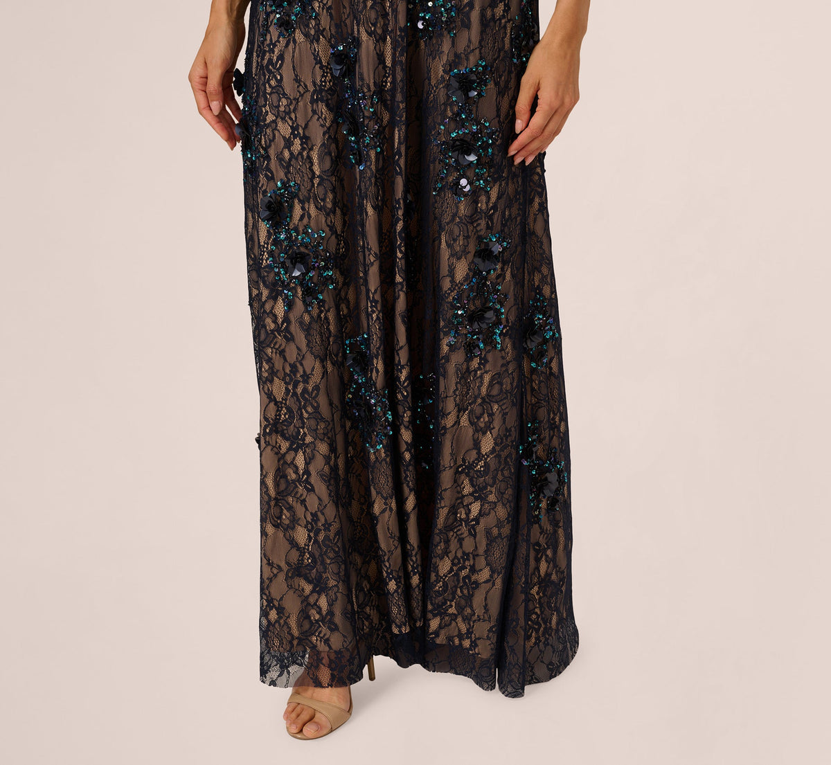 Sleeveless Sequin Floral Lace Gown - Midnight Multi Nude | Adrianna Papell