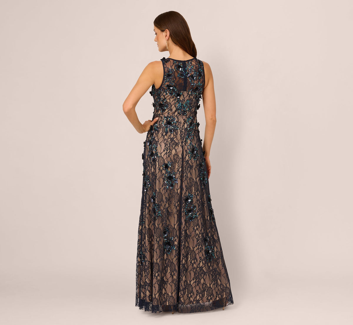 Sleeveless Sequin Floral Lace Gown - Midnight Multi Nude | Adrianna Papell