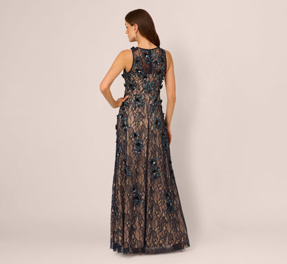 Sleeveless Sequin Floral Lace Gown - Midnight Multi Nude | Adrianna Papell