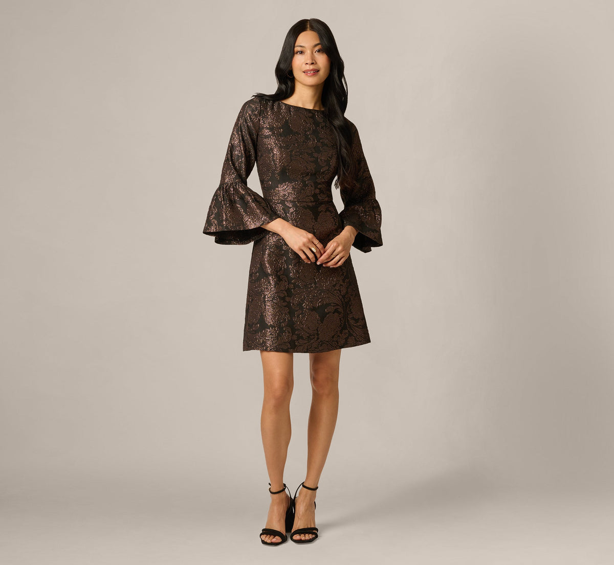 Three Quarter Bell Sleeve Short Jacquard Dress - Black Bronze | Adrianna Papell