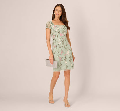 Short Sleeve Floral Beaded Square Neck Cocktail Dress - Icy Sage | Adrianna Papell
