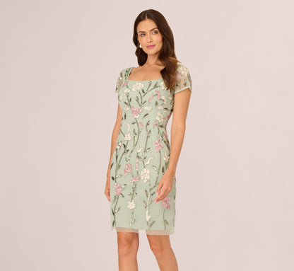 Short Sleeve Floral Beaded Square Neck Cocktail Dress - Icy Sage | Adrianna Papell