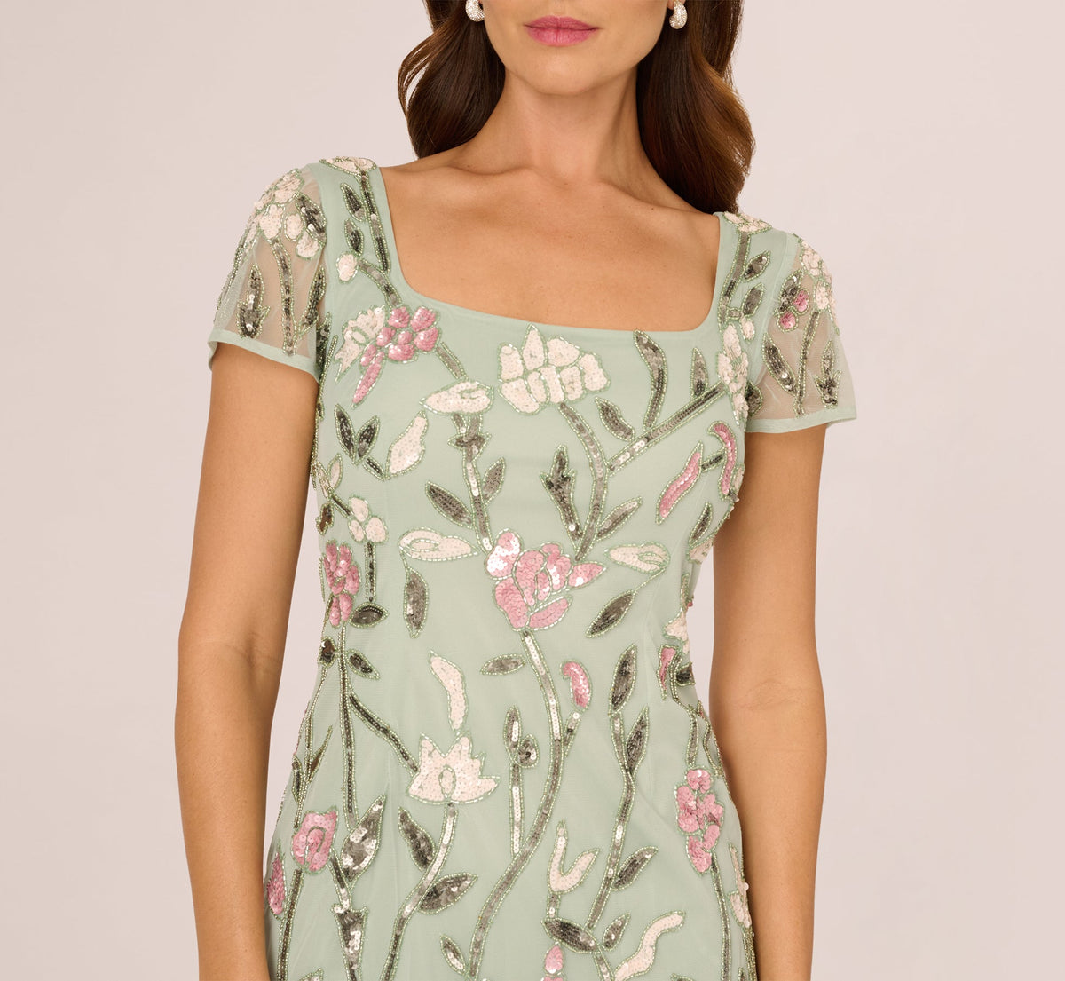 Short Sleeve Floral Beaded Square Neck Cocktail Dress - Icy Sage | Adrianna Papell