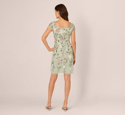 Short Sleeve Floral Beaded Square Neck Cocktail Dress - Icy Sage | Adrianna Papell