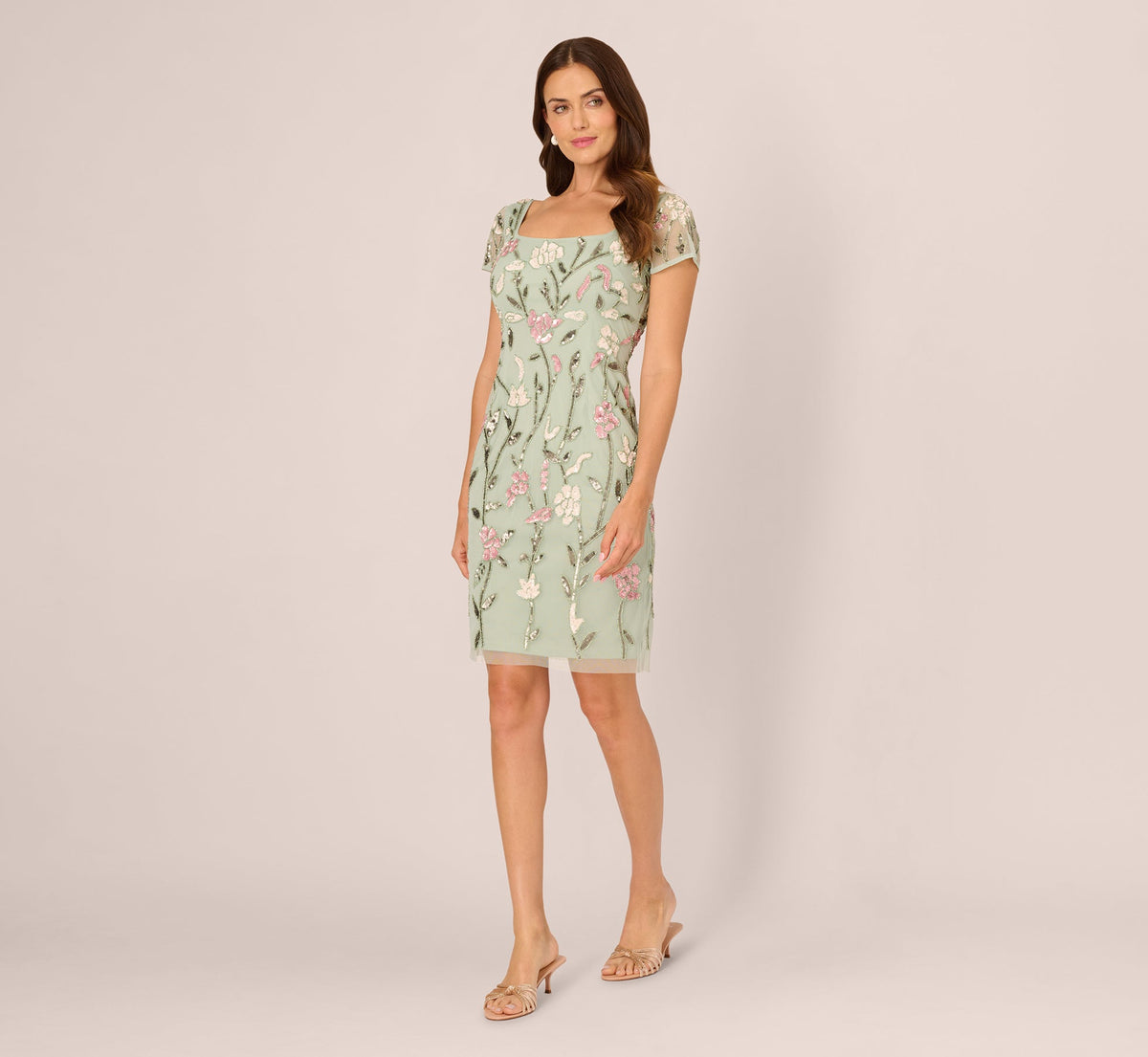 Short Sleeve Floral Beaded Square Neck Cocktail Dress - Icy Sage | Adrianna Papell