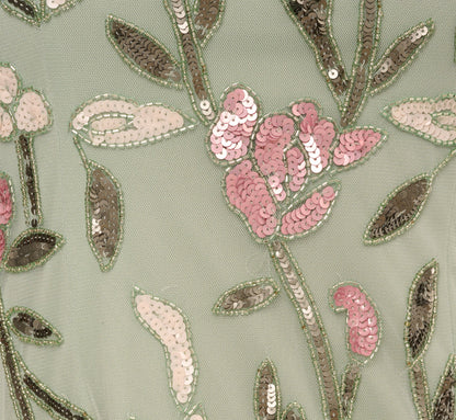 Short Sleeve Floral Beaded Square Neck Cocktail Dress - Icy Sage | Adrianna Papell