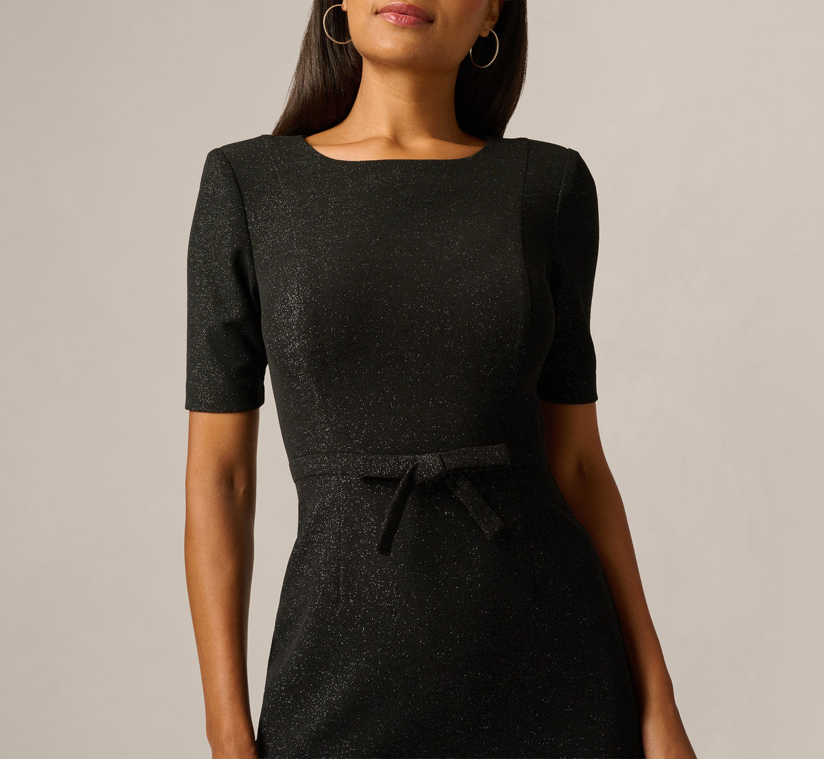 Short Sleeve Stretch Shimmer Knit Bow Waist Sheath Dress - Black | Adrianna Papell